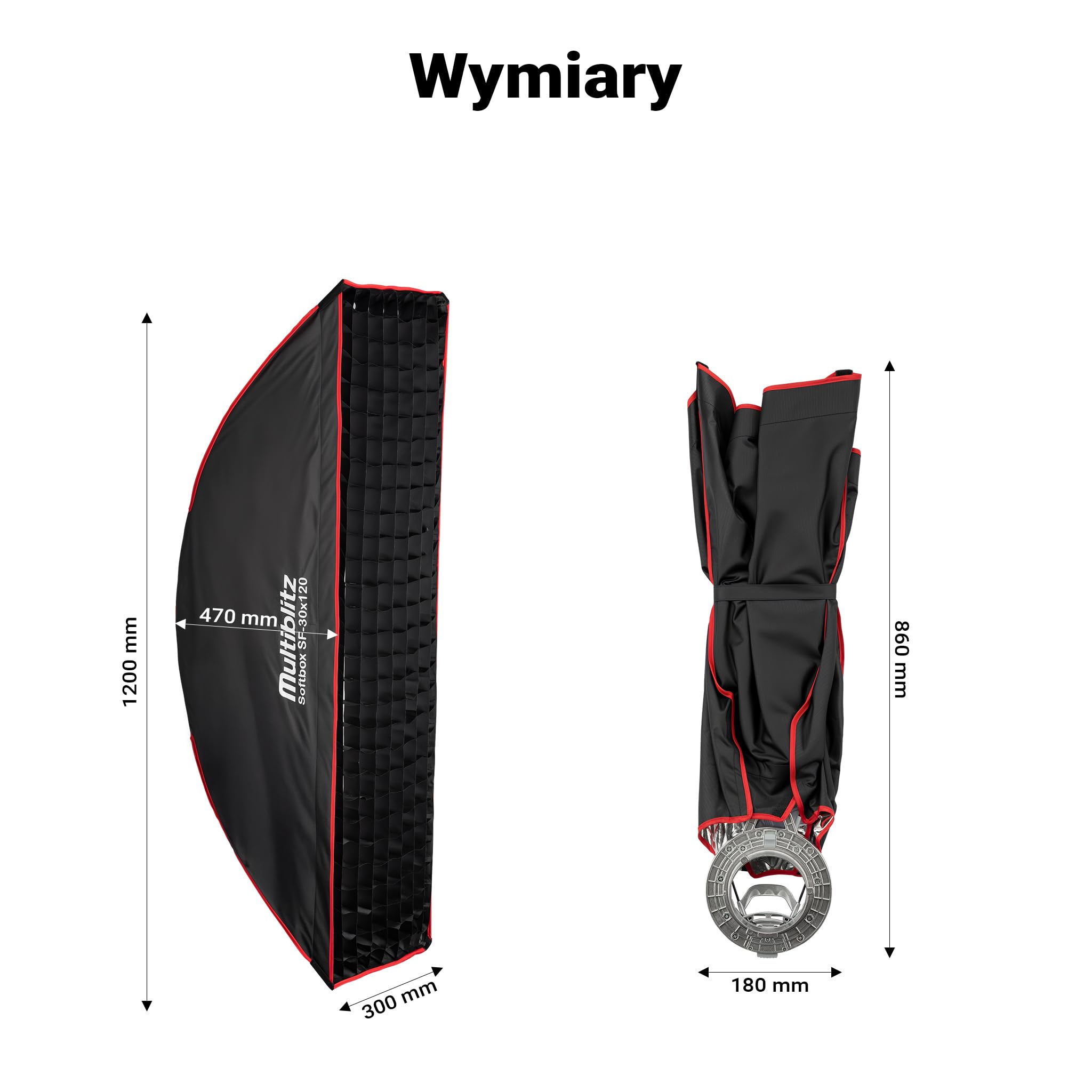 Multiblitz Softbox SF-30x120 Bowens z siatką i dyfuzorami, modyfikator światła do lamp studyjnych i stałego oświetlenia LED, dyfuzor światła do fotografii portretowej i oświetlenia wideo