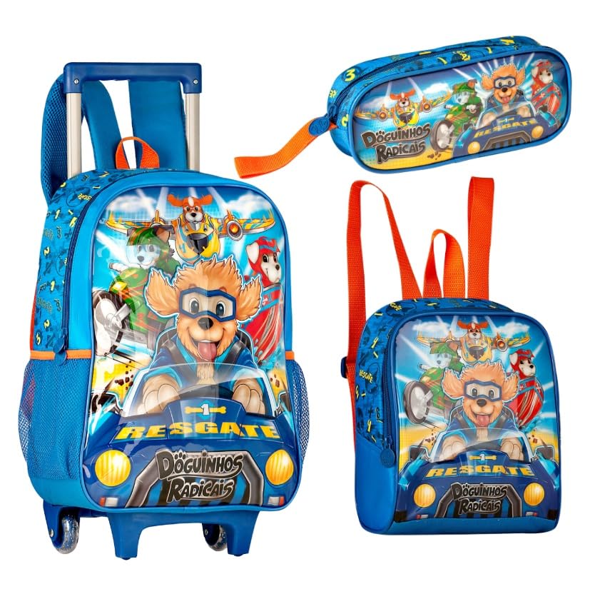 Kit Mochila de Rodinha Lancheira e Estojo Doguinhos Radicais Clio