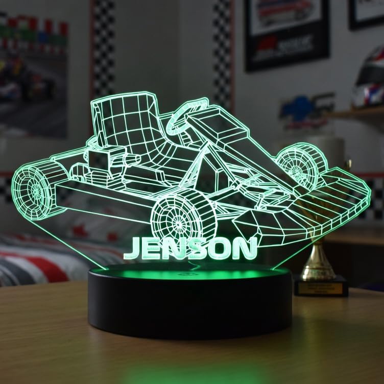 Gokart Night Light, Personalised 3D Illusion Kids Racing Car Bedside Lamp, with 16 Colour LED Light Base, Remote + USB Lead