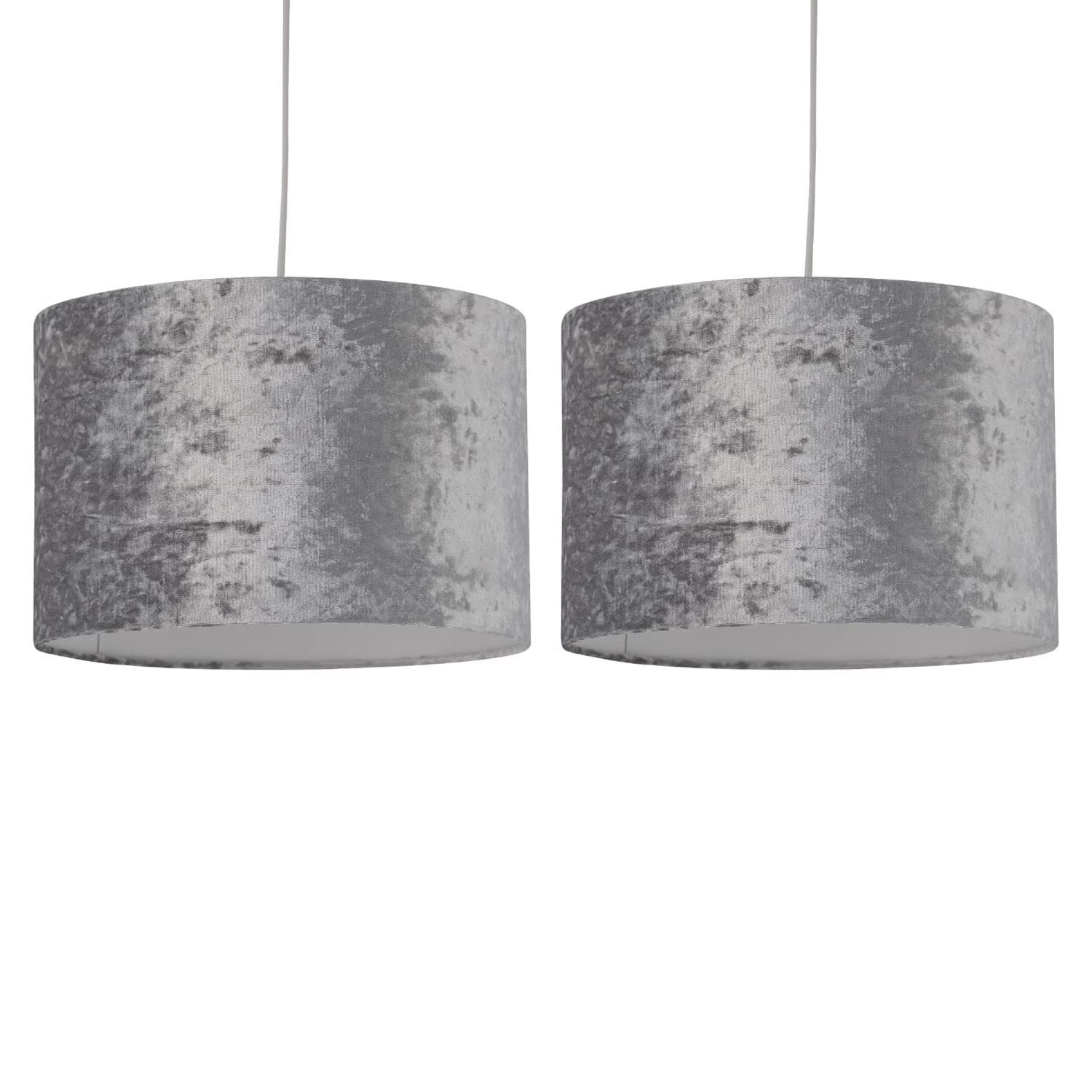 Set of 2 Grey Crushed Velvet Pendant Shades, Easy Fit Ceiling Lightshades, Modern Light Shades, Diameter 25cm