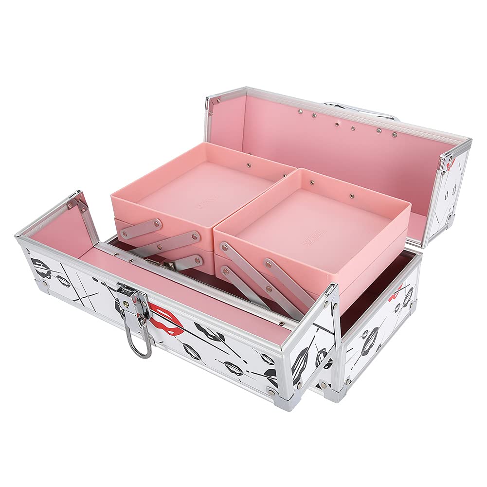Jiawu Scatola Porta Cosmetici Portatile con Manico, Custodia Organizer per Trucco Donna di Grande capacità - Pelle PU e Alluminio, Custodia Multilivello per Gioielli, Resistente Alla Ruggine, 3