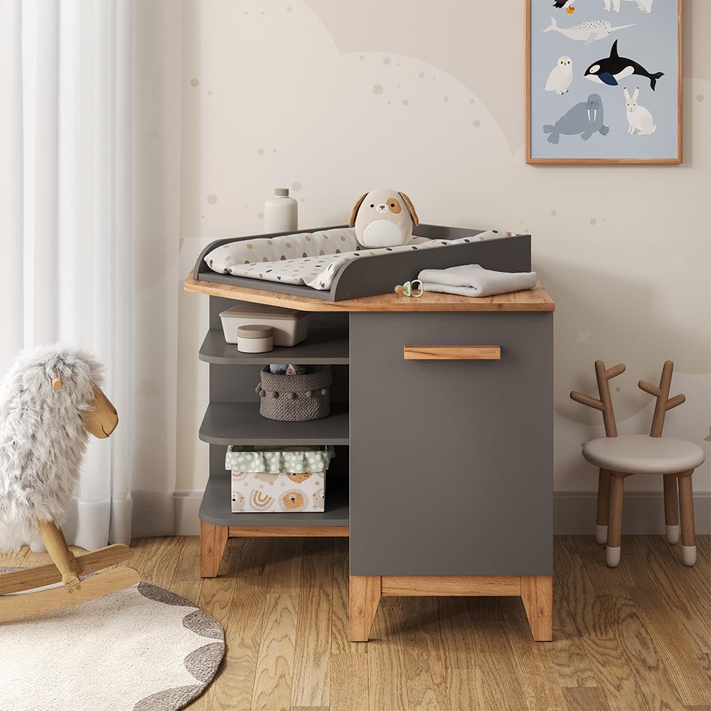 VitaliSpa Table à Langer Malia, Gris/Artisan, 85x85.2cm avec Porte, Plan à Langer Amovible pour Une Utilisation comme Commode d’Angle