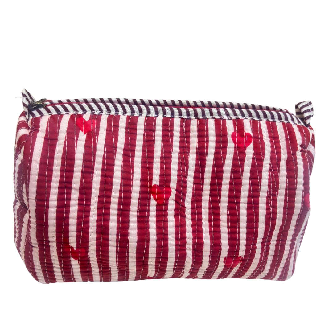 Quilted Cotton Travel Organizer Bag Set of 3 β Waterproof Toiletry Pouch, Cosmetic Makeup Bag & Multipurpose Travel Pouches for Women & Men, Handcrafted Block Print (Heart Red) 1