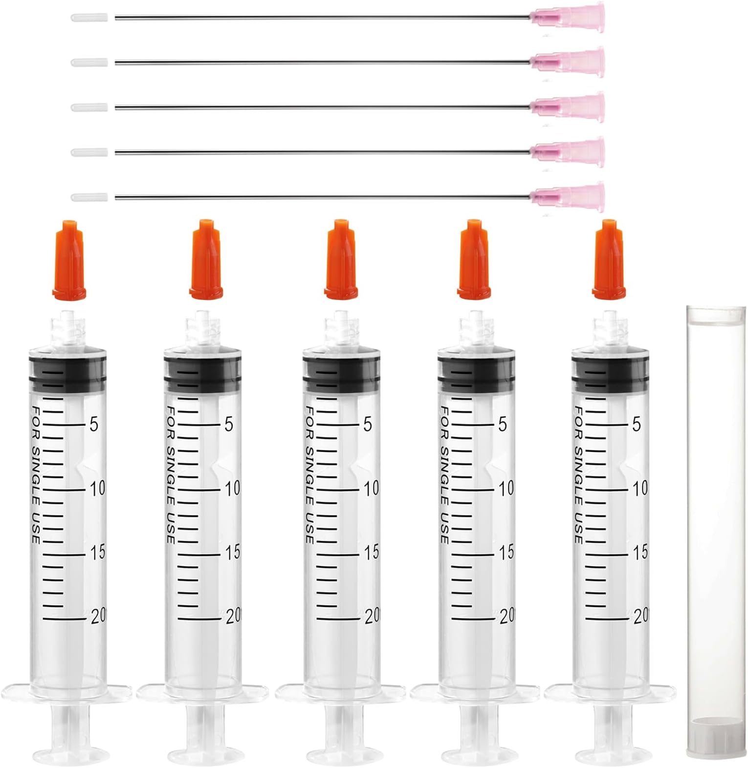Jdkouh 5PCS 20ml Syringe Set with Blunt Needles and Caps,Plastic Luer Lock Syringes with 18Ga 117mm(4.6'') Long Dispensing Blunt Needle for DIY,Glue,Industrial,Ink,Lab,Oil,Liquid,Pet Feeding