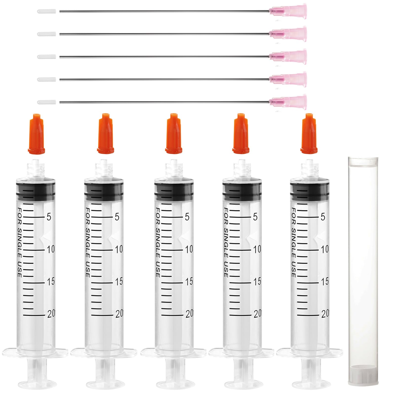 Jdkouh 5PCS 20ml Syringe Set with Blunt Needles and Caps,Plastic Luer Lock Syringes with 18Ga 117mm(4.6'') Long Dispensing Blunt Needle for DIY,Glue,Industrial,Ink,Lab,Oil,Liquid,Pet Feeding