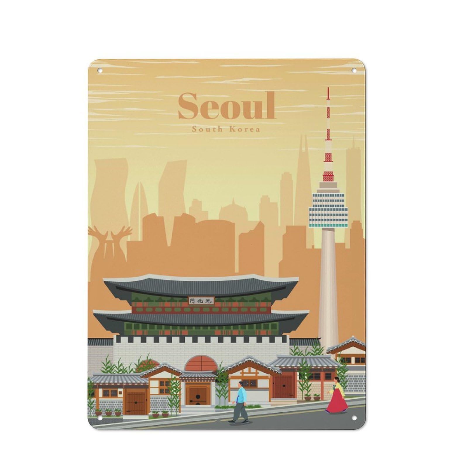 Travel to Seoul Bistro Metal Sign 40x30cm, Vintage Cafe Wall Decor for Takeaway, Bar, Kitchen Or Counter Area