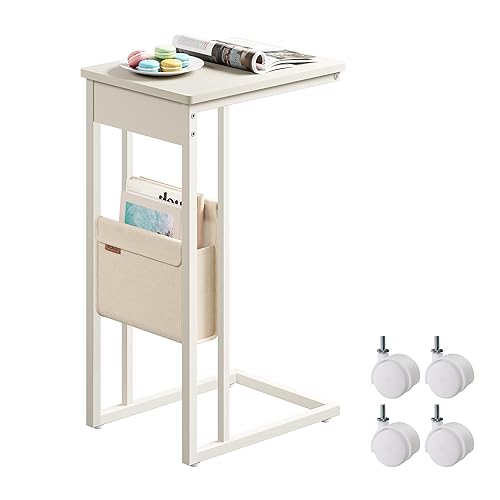 VASAGLE C-Shaped Side Table, End Table for Small Spaces, for Couch, Sofa, with Fabric Storage Bag, Includes Adjustable Feet and Swivel Casters for Bedroom, Living Room, Cream White ULET357W77 - Cream White - With Wheels