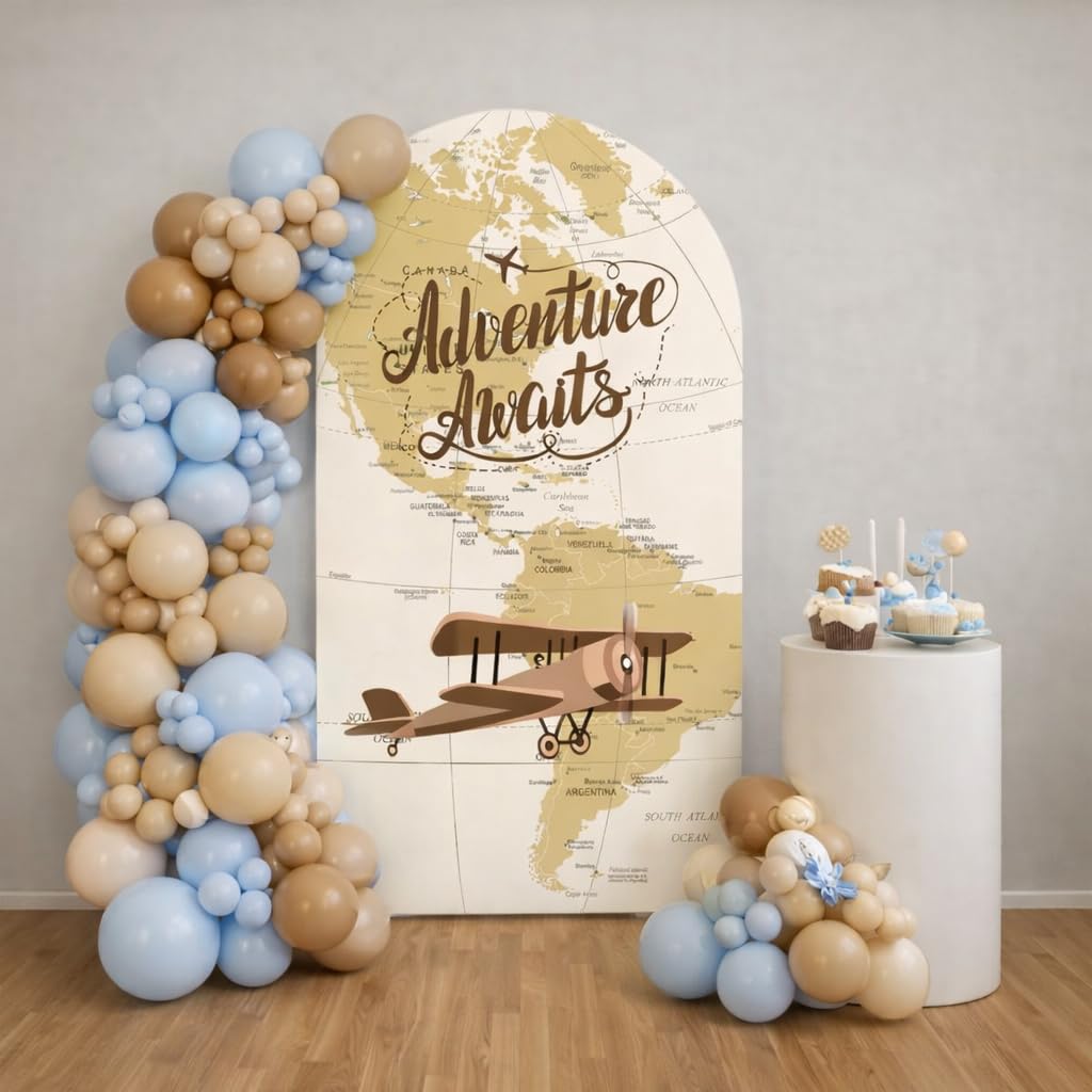 Adventure Travel Map Arch Backdrop Cover for Boys Airplane Awaits Begin Birthday Party Decorations Arch Stand Stretchy Covers Baby Shower Parties