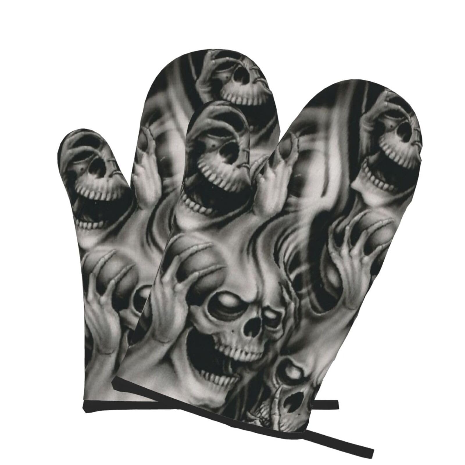 Oven Mitts Set of 2 Pcs, Cool Evil Skull Prints Heat Resistant Kitchen Gloves for Cooking Baking Grilling