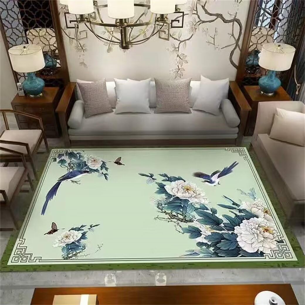 Tapis vert à fleurs et oiseaux de style classique, format tapis long 80x150 cm