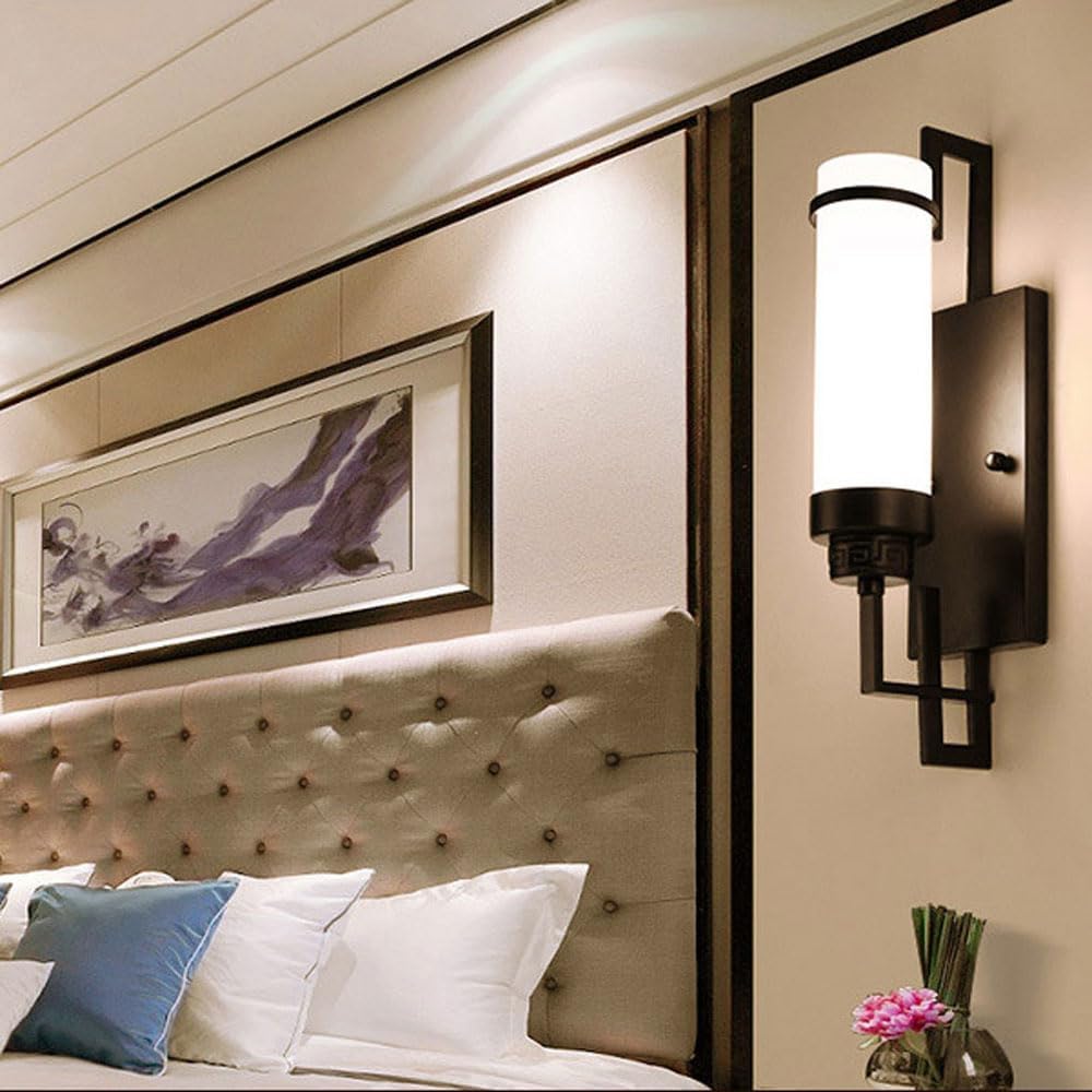 Modern Glass Wall Sconce Light Fixture Bedroom Retro White Glass Staircase Wall Light Study Simplicity Chinese Bedside Wall Lamp Home Decoration Black Wall Light for Porch Corridor Aisles