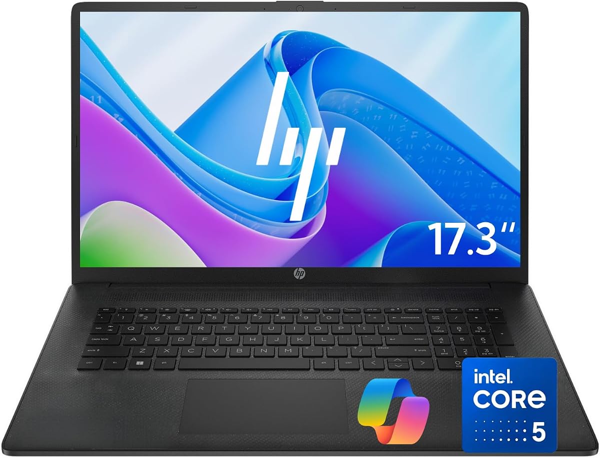 Laptop HP de pantalla grande de 17.3" • Procesador Intel Core 5 de 10 núcleos • 32 GB de RAM • SSD PCIe de 1 TB • Teclado numérico • Windows 11 con Copilot AI • Wi-Fi 6 • Computadora de oficina en casa y de negocios para uso diario