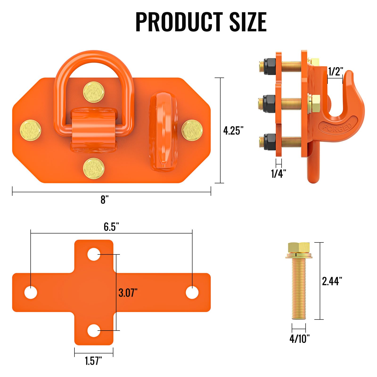 3/8" Tractor Bucket Hooks With 1/2" Tie Down D Rings(Orange), Grade 70 Forged