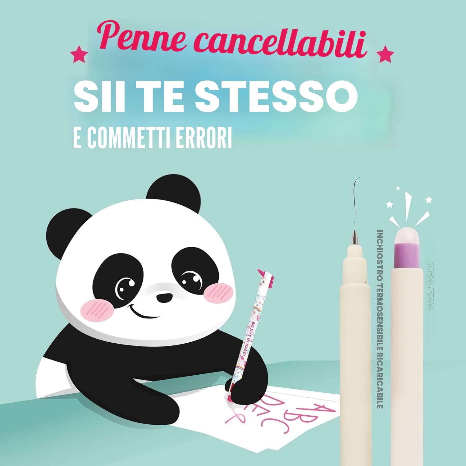 LEGAMI Super Kawaii, portapenne da tavolo in morbido silicone + set di penne cancellabili, edizione Panda, 100 penne con inchiostro cancellabile termosensibile, inchiostro colorato e disegni di