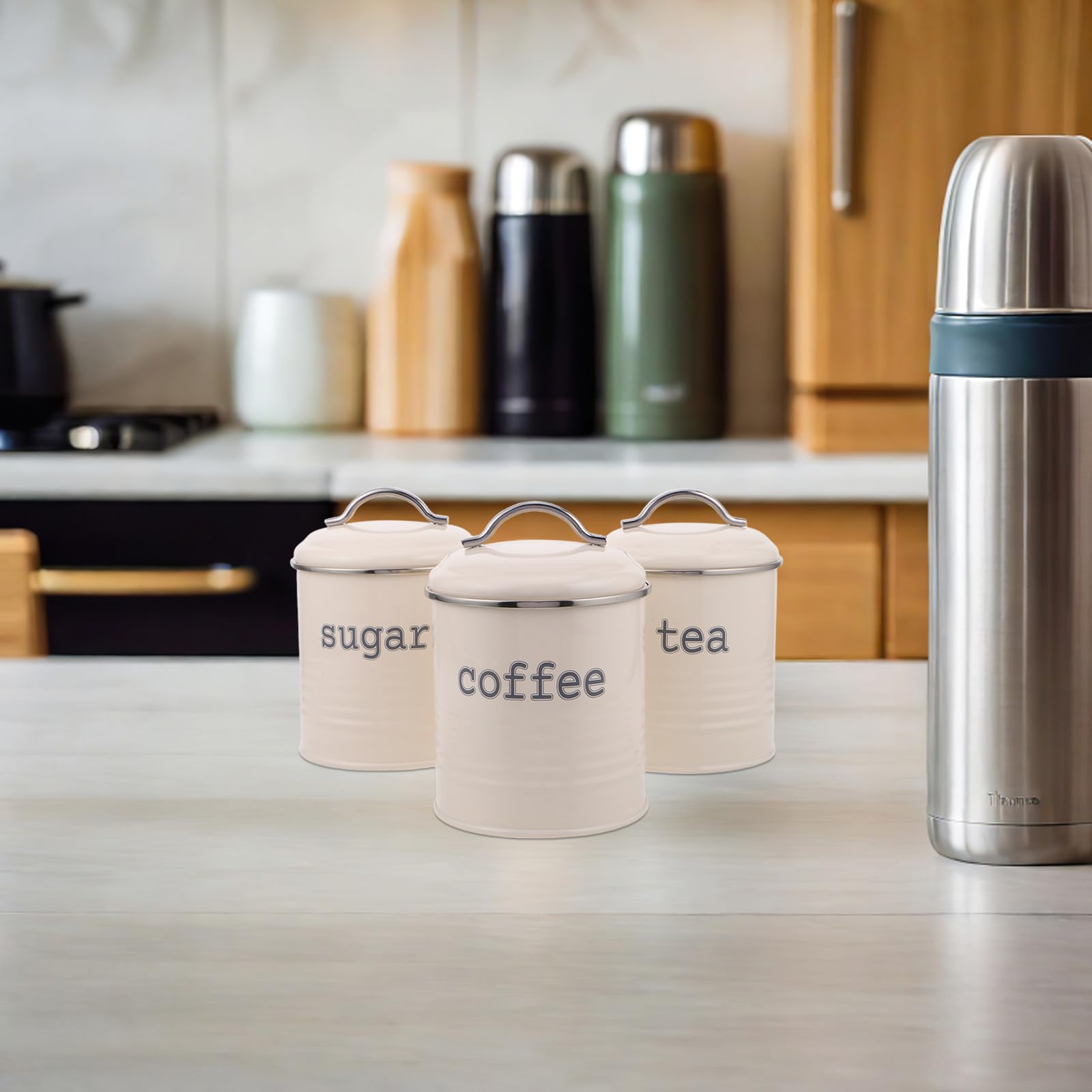 Toyvian 3 Stück Luftdichtes Vorratsgläser aus Eisen in Weiß für Kaffee Zucker und Tee Robust und Stilvoll im Landhausstil für Küchenarbeitsplatte