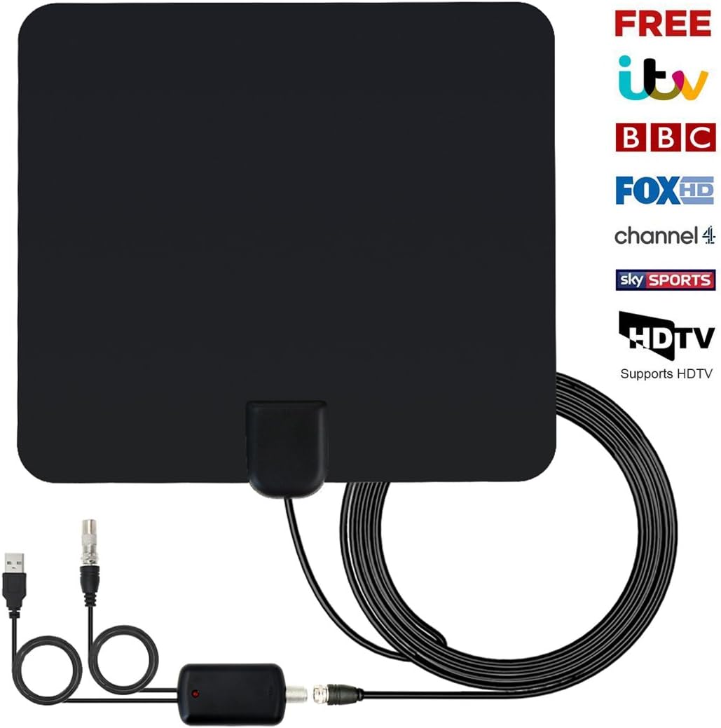 Indoor TV Aerial, AUKEA Digital Freeview 50 Miles/ 80Km Range HDTV Antenna with Detachable Amplifier Signal Booster and 13.1 FT High Performance Coaxial Cable for 1080P VHF/UHF/FM 2018 New Upgraded
