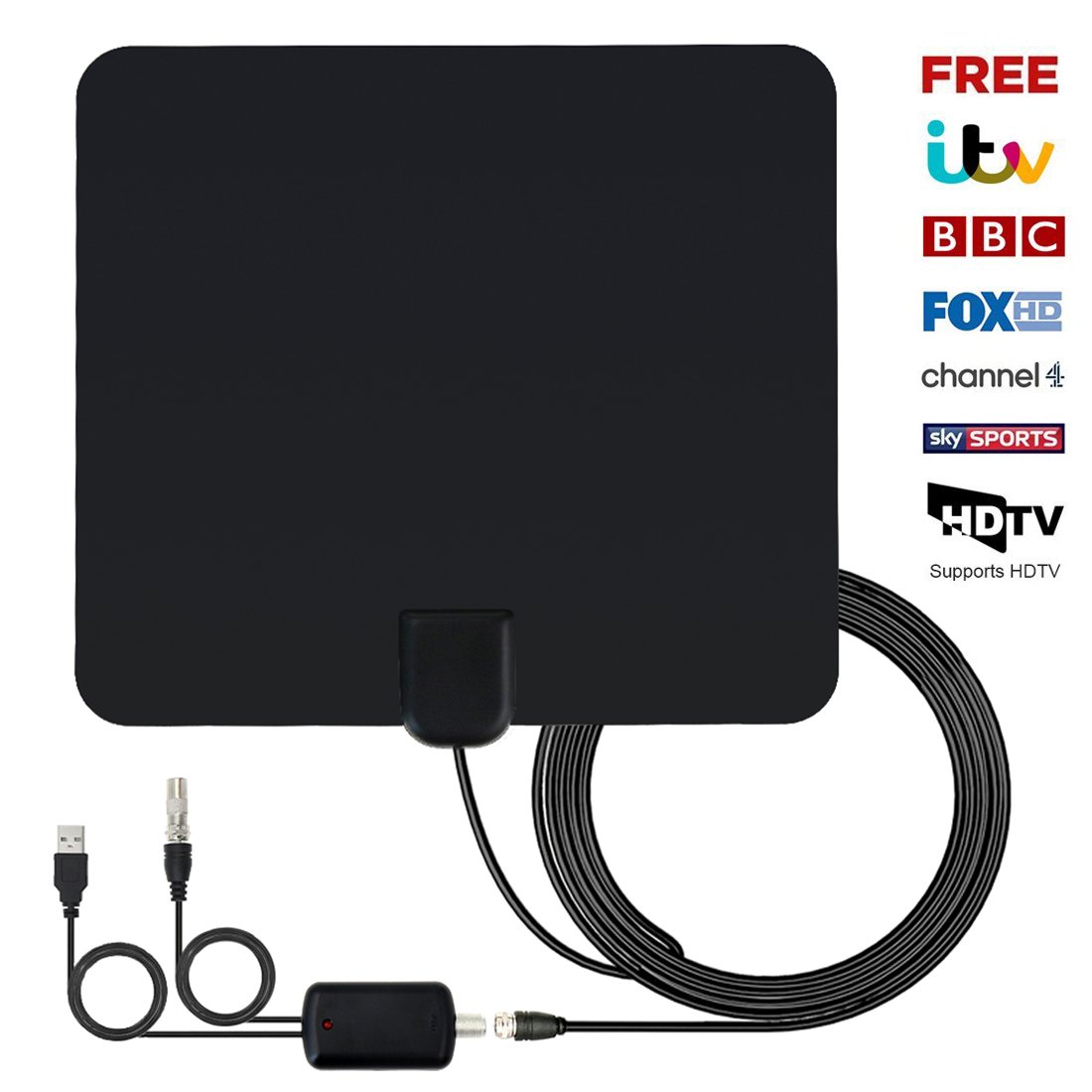 Indoor TV Aerial, AUKEA Digital Freeview 50 Miles/ 80Km Range HDTV Antenna with Detachable Amplifier Signal Booster and 13.1 FT High Performance Coaxial Cable for 1080P VHF/UHF/FM 2018 New Upgraded