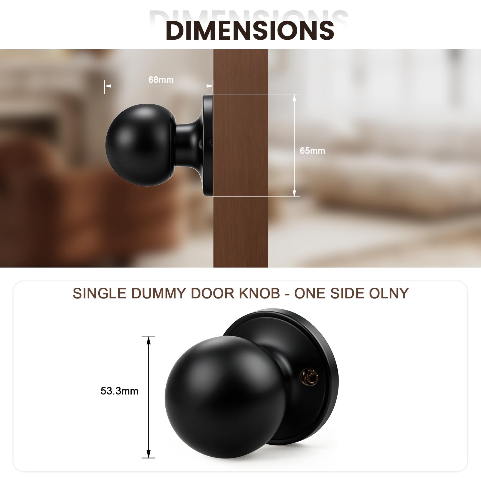 Brotima Matte Black Round Dummy Door Knob,One-Half Side Knob Only,Non-Locking No Latch for Interior Use, 53.3mm (Knob) - Image 2