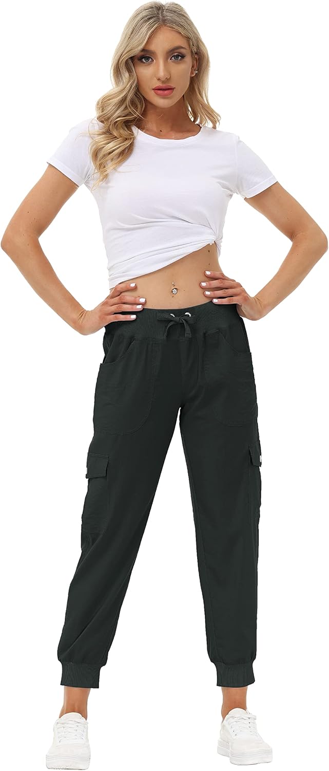 MoFiz Women's Lightweight Hiking Cargo Pants Outdoor Quick Dry Casual Travel Sweatpants Joggers Elastic Waist Button Pockets - Image 2