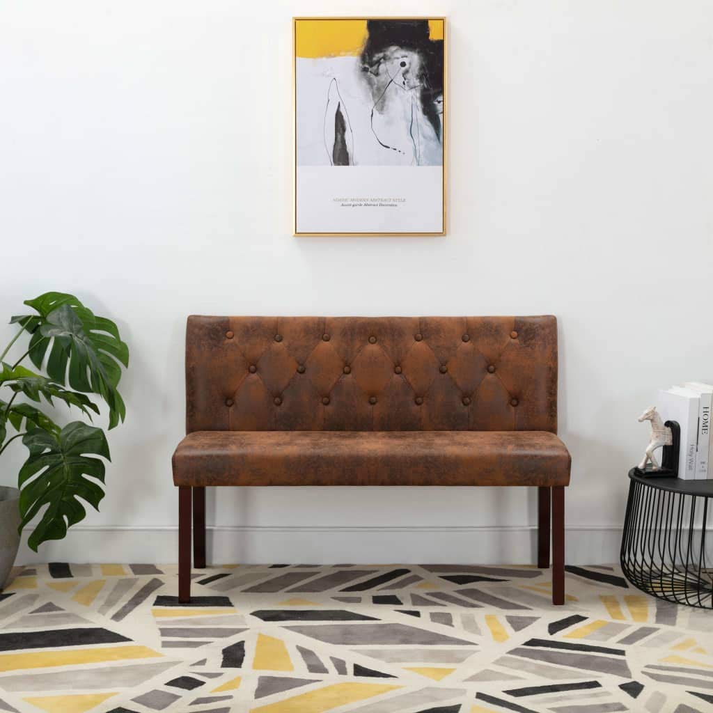 Banc de 120 cm en daim marron avec coffre de rangement et dossier rembourré