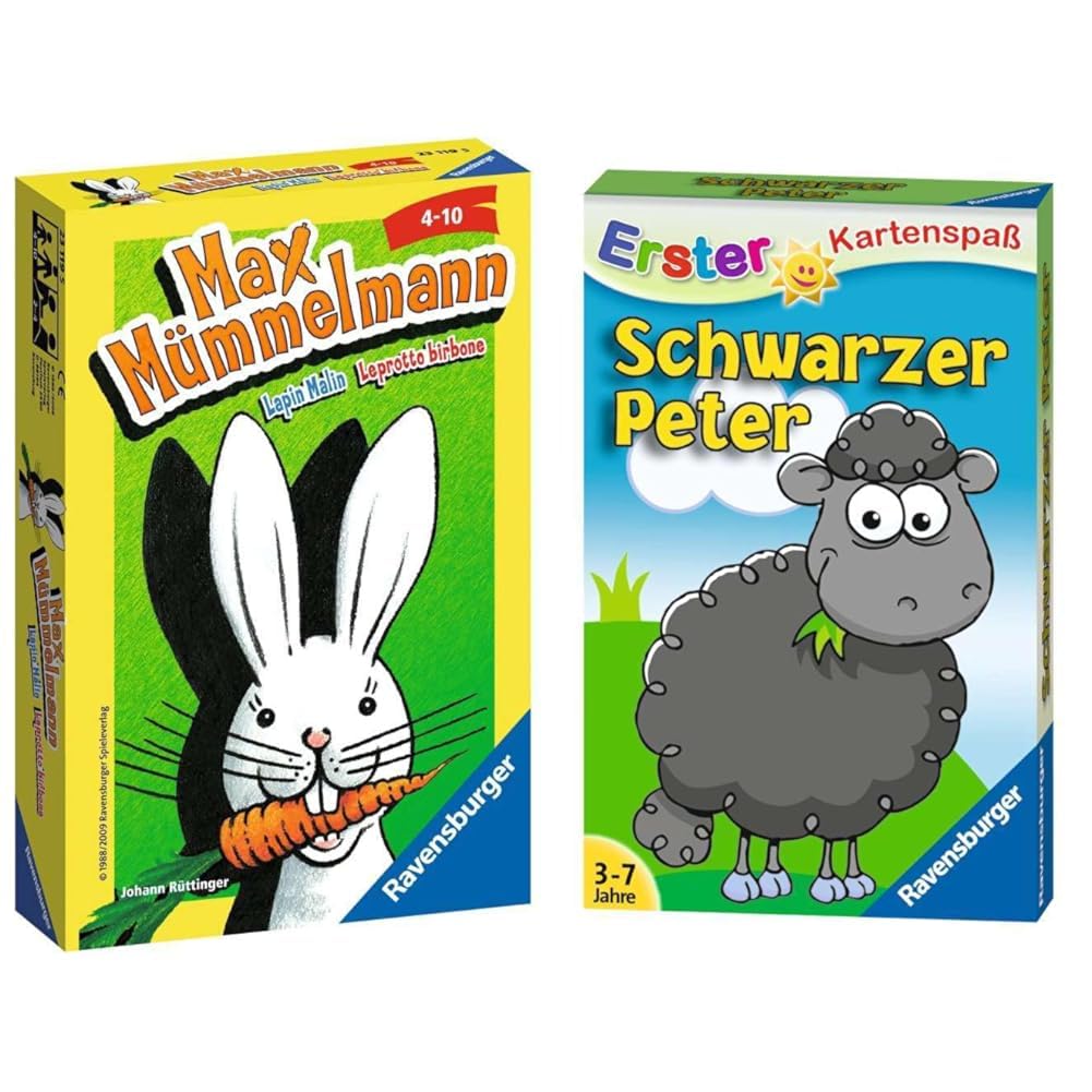 Ravensburger 23119 - Max Mümmelmann, Mitbringspiel für 2-4 Spieler, Kinderspiel ab 4 Jahren, kompaktes Format, Reisespiel, Hase & 20432 - Schwarzer Peter - Schaf, Kartenspiele ab 3 Jahren