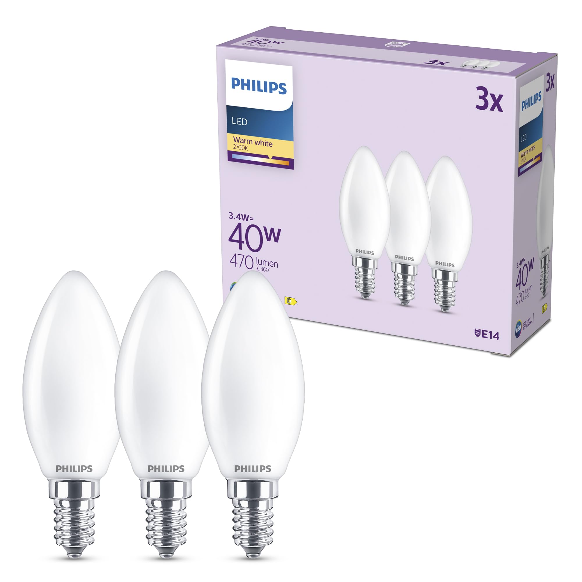 Philips LED Light Bulb, 3 Pack, B35, E14, 470 Lumens, 40W, Candle Design, Long Lifetime, Warm White Light 2700K, Frosted Bulb