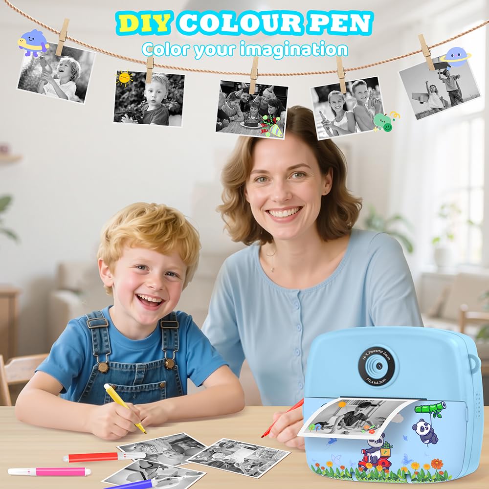 CNAPXAIA Sofortbildkamera Kinder, 2,4" Kinder Kamera mit Fotos Drucken, 32GB Karte & Druckpapier, Kinderspielzeug Geburtstag und Weihnachten Geschenke für Jungen ab 3-12 Jahren (Blau)