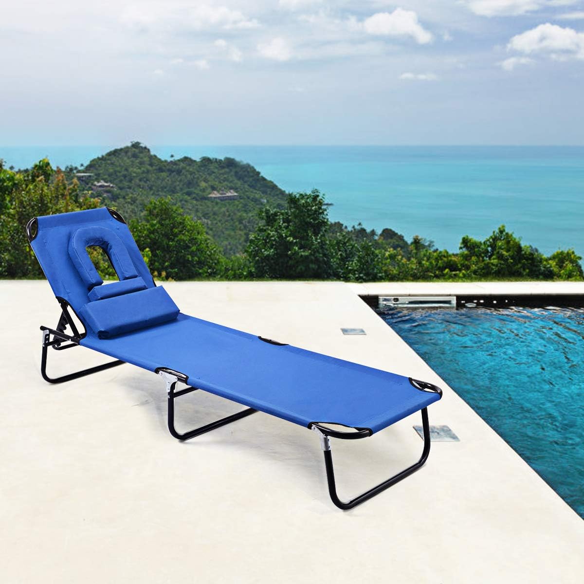 FANTASK Foldable Chaise Lounge Chair, Adjustable Recliner w/4 Reclining Positions, Patio Lounge Chair, Sunbathing Beach Pool Bed Cot with Pillow, Outdoor Folding Leisure Chair for Pool, Beach (Blue)