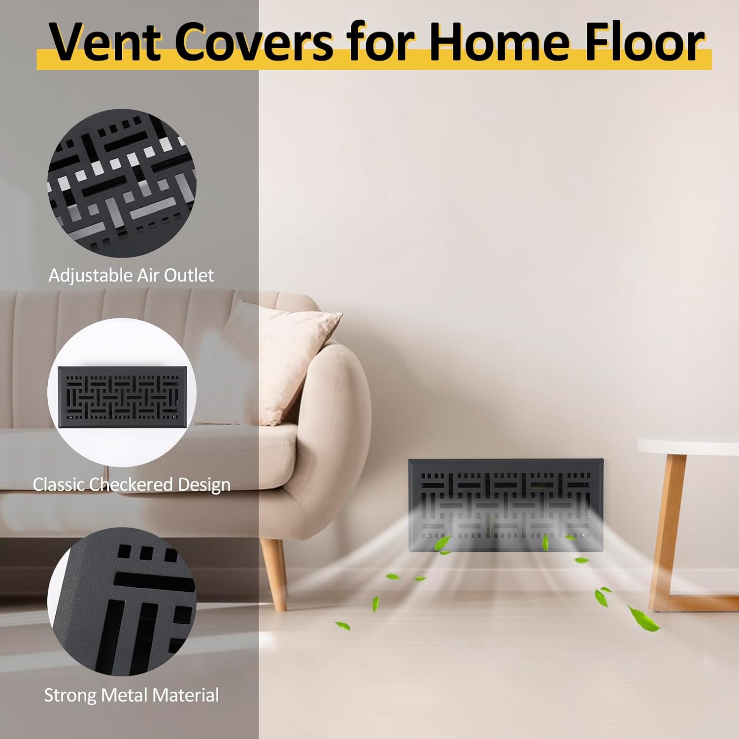 Floor Vent Cover, Classic Checkered Design, Black, Heavy Duty Adjustable, Rust Proof, 4x10 Inch