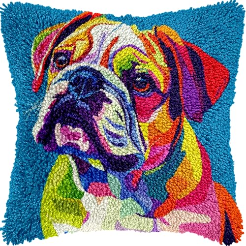 English Bulldog Latch Hook Kits Pillow Colorful Printed Cushion Crochet Yarn Needlework DIY Hook Latch Kit Pillowcase Rug Cover Home Sofa Christmas Decoration 43x43cm(2)