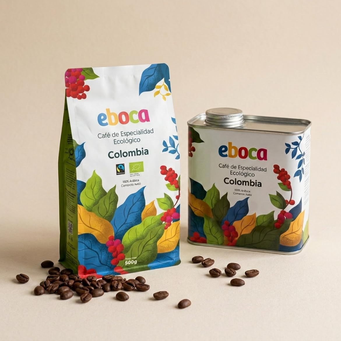 EBOCA Café en Grano Ecológico 1kg (2x500g) – 100% Arábica de Especialidad, Origen Colombia, Comercio Justo (Fairtrade), Tostado Artesanal en Huesca, Tueste Medio para Espresso y Filtro