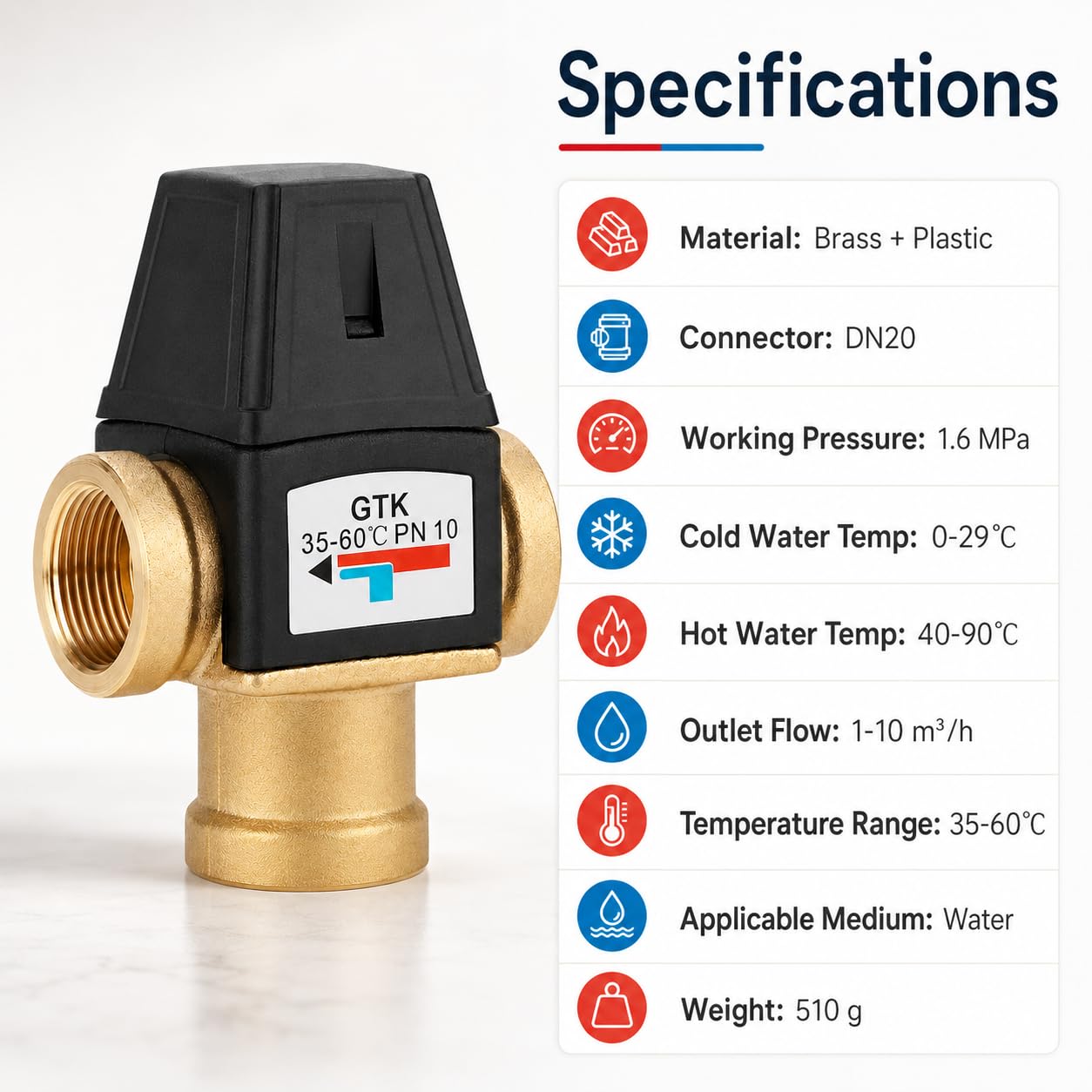 Miscelatore Termostatico 3 Vie DN20 Filetto Interno 35-60°C