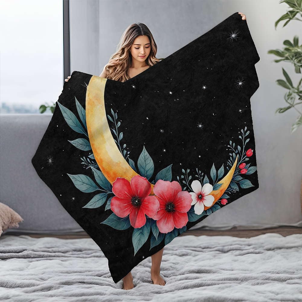 BDIS Fleece Blankets Magical Night Sky with Flowers and Moon Flannel Blanket Baby Blankets Large Throw Blanket(125x150cm)