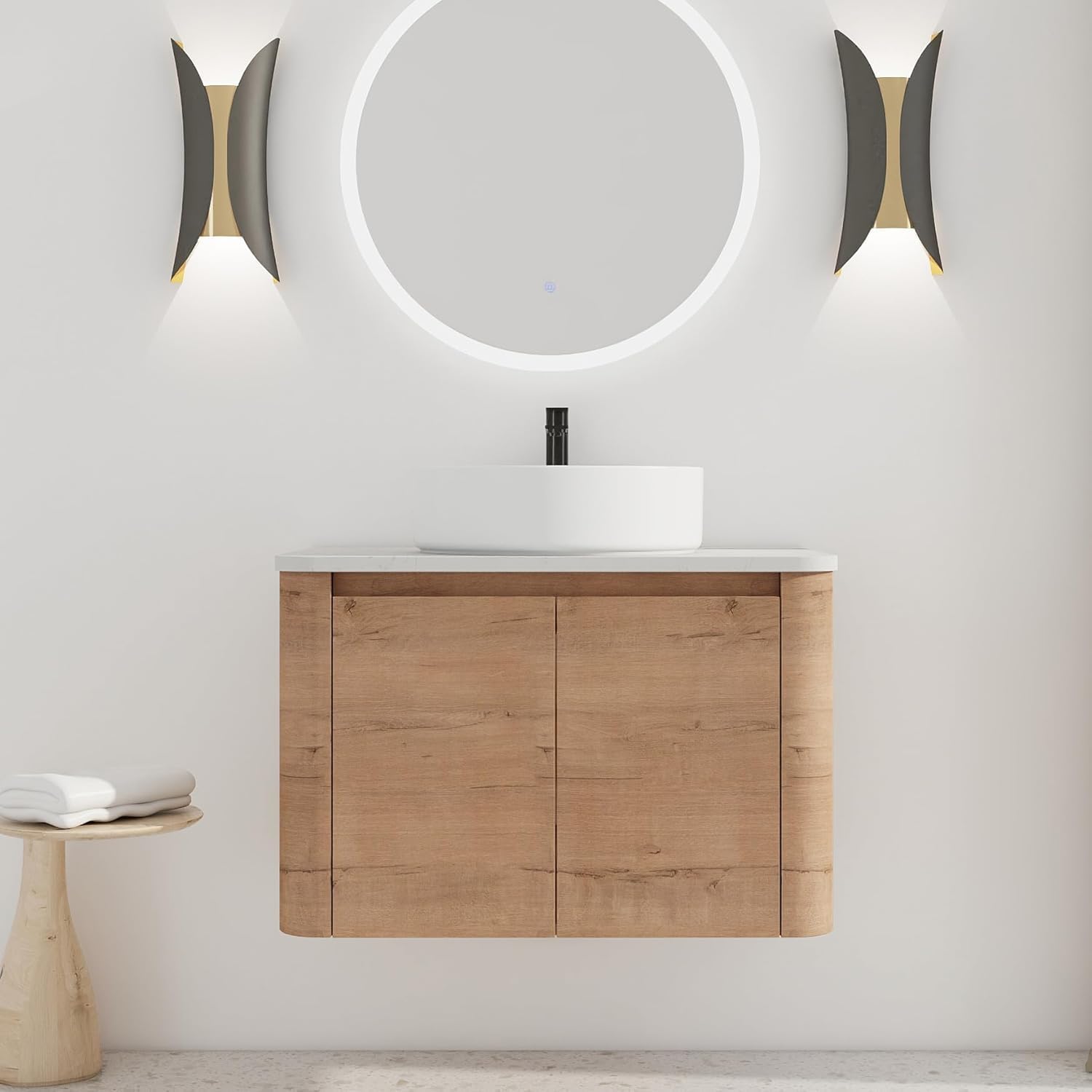 30 Inch Wall-Mounted Bathroom Vanity with Sink Set Modern Floating Bathroom Vanitites with Round Ceramic Vessel Sink 30" Bathroom Sink Cabinet with Marble Counter Top & Soft Closing Door