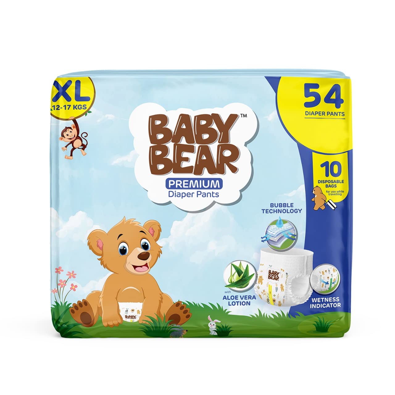 Baby Bear Premium Diaper Pants | Cottony Soft and rash free with Wetness Indicator | Aloe Vera Lotion | Breathable Sheet| Soft waistband | Bubble Bed Technology | 10 Disposable Bags | XL (12-17Kg)- 54 Pieces