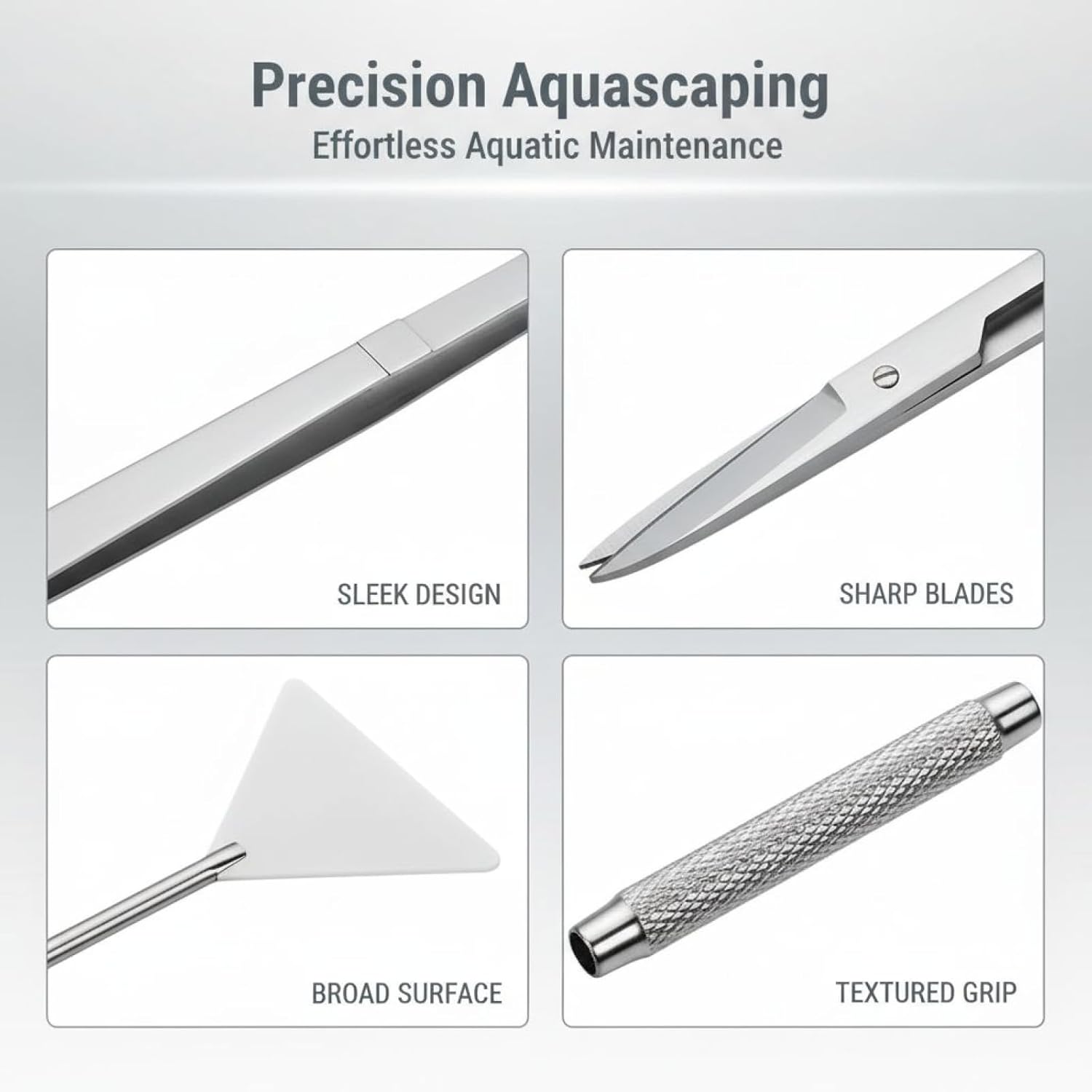 Aquascaping Tools Kit, 6 Pcs Stainless Steel Aquarium Plant Tools Set with Silver Acrylic Holder, 15 in Tweezers, 11.8 in Scissors, Algae Scraper, 12.6 in Sand Spatula
