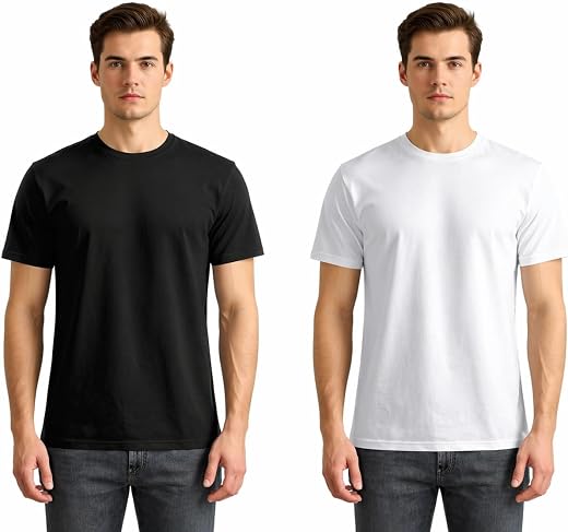 Stylar Cotton Plain Round Neck T-Shirt for Men, Black and White, Combo Pack of 2