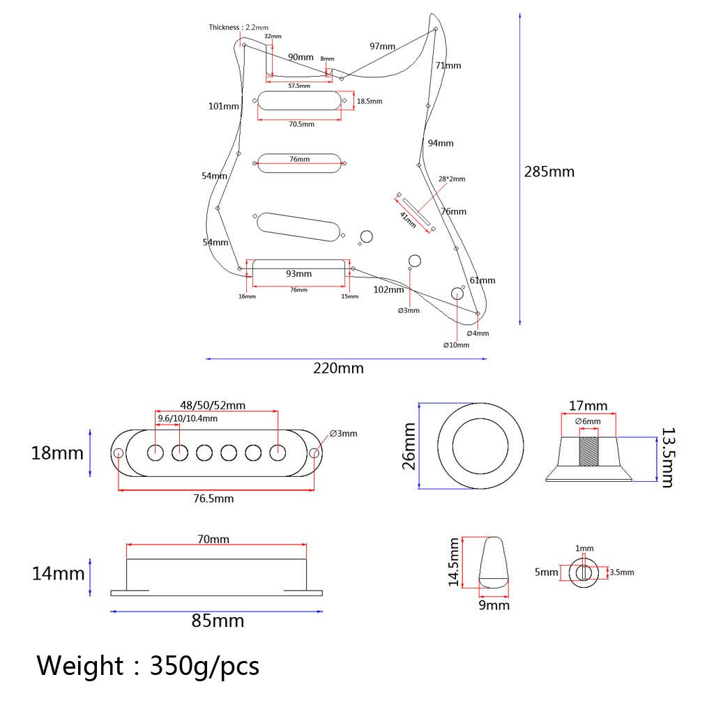 Alnicov 3-lagiges SSS-E-Gitarrenteil vorverdrahtet geladener Pickup Pickguard-Baugruppe Weiß