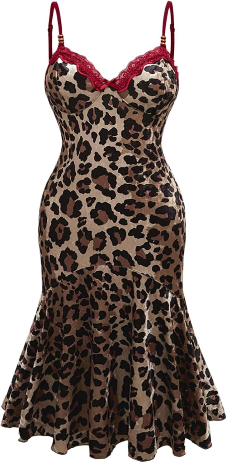 WDIRARA Women's Plus Size Leopard Bodycon Cami Dress V Neck Ruffle Hem Fishtail Midi Dresses