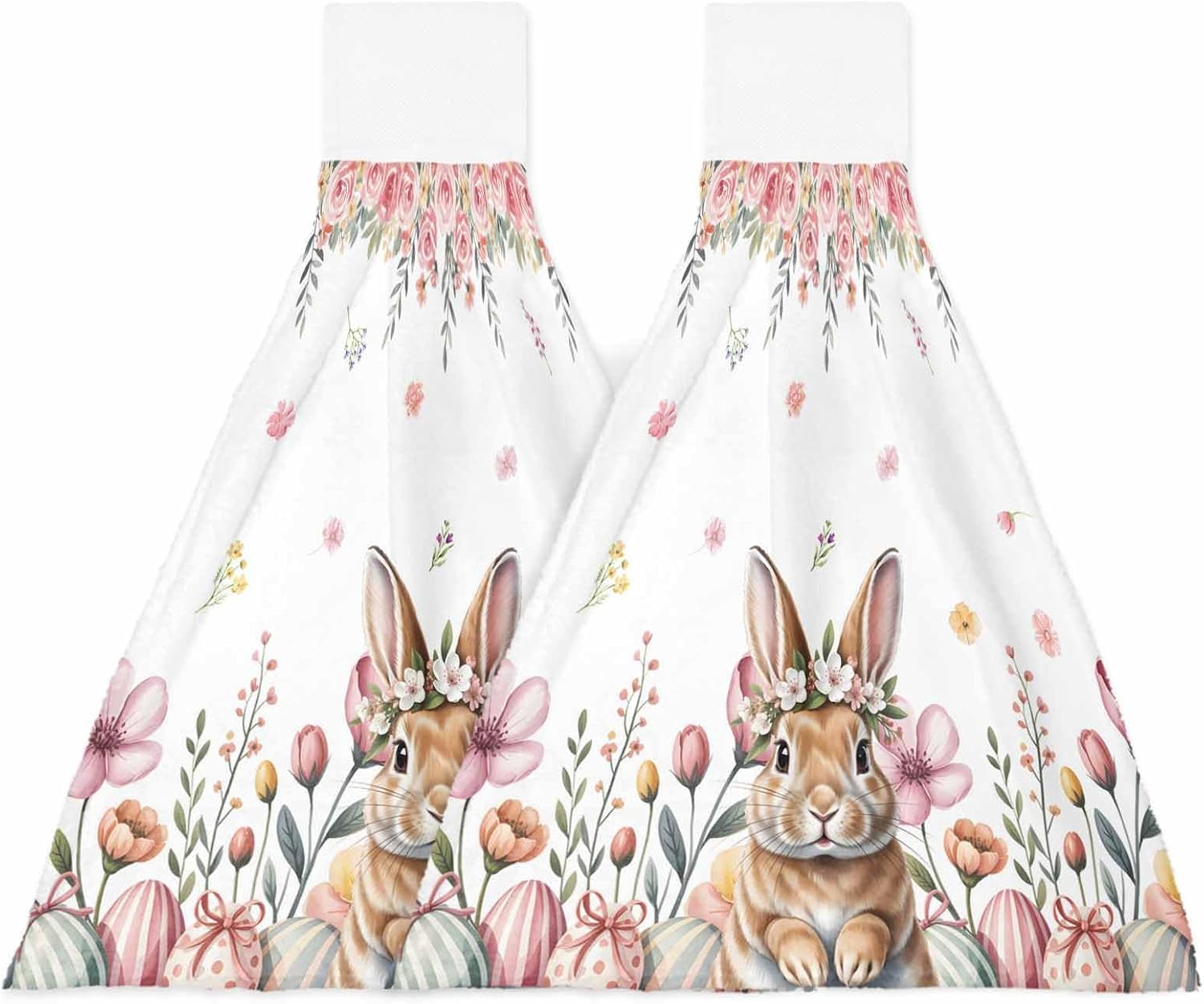 Easter Kitchen Hand Towels with Hanging Loops Set of 2 Spring Cute Rabbit Eggs Botanical Flowers Rose Soft Thick Oven Fingertip Dry Microfiber Tie Dish Towel Absorbent Cleaning Washcloth for Bathroom