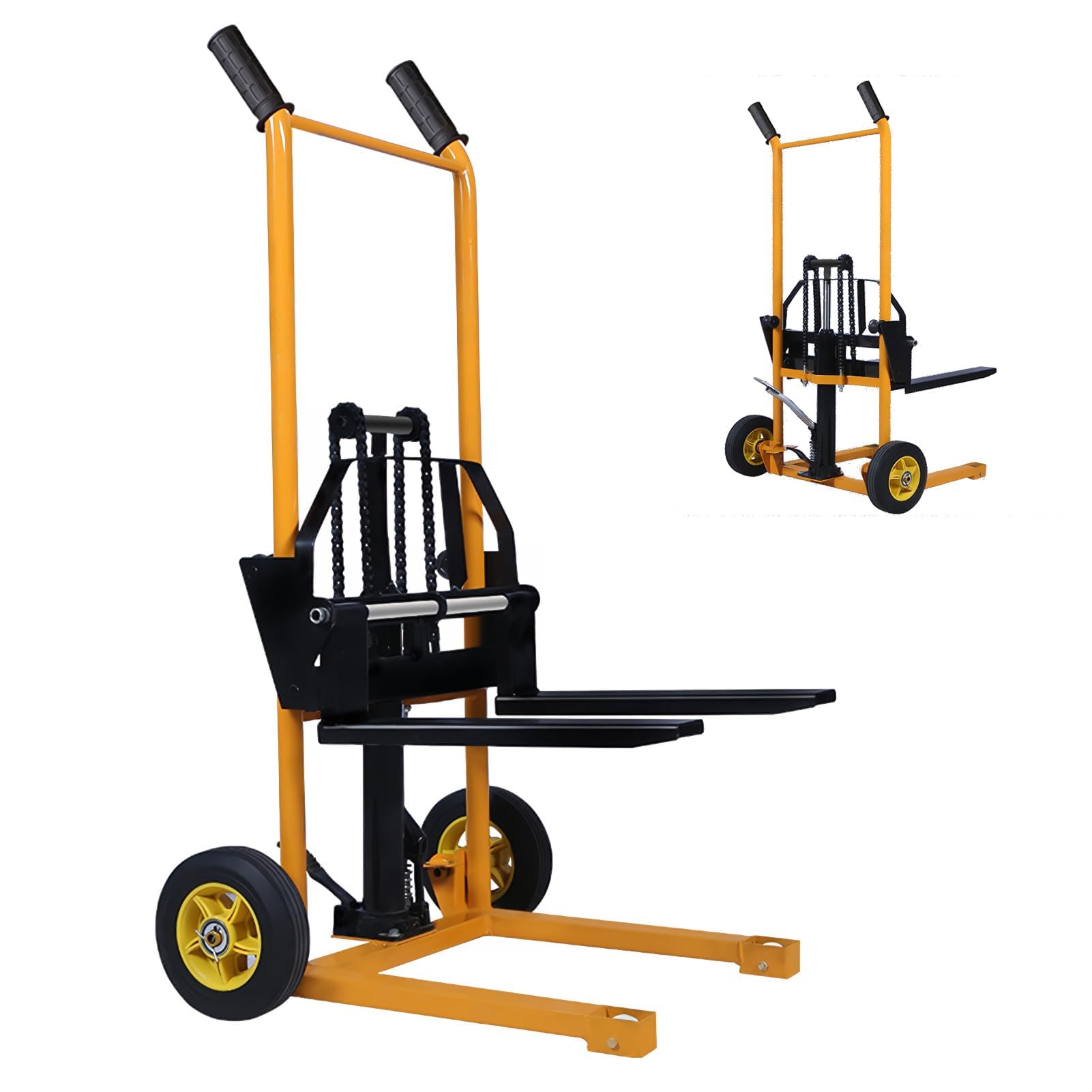Materiale carrello,Transpallet manuale, tavolo sollevatore, elevatore manuale, sollevatore a forcella con gambe fisse e forchette regolabili, capacità 200 kg, altezza di sollevamento 90 cm