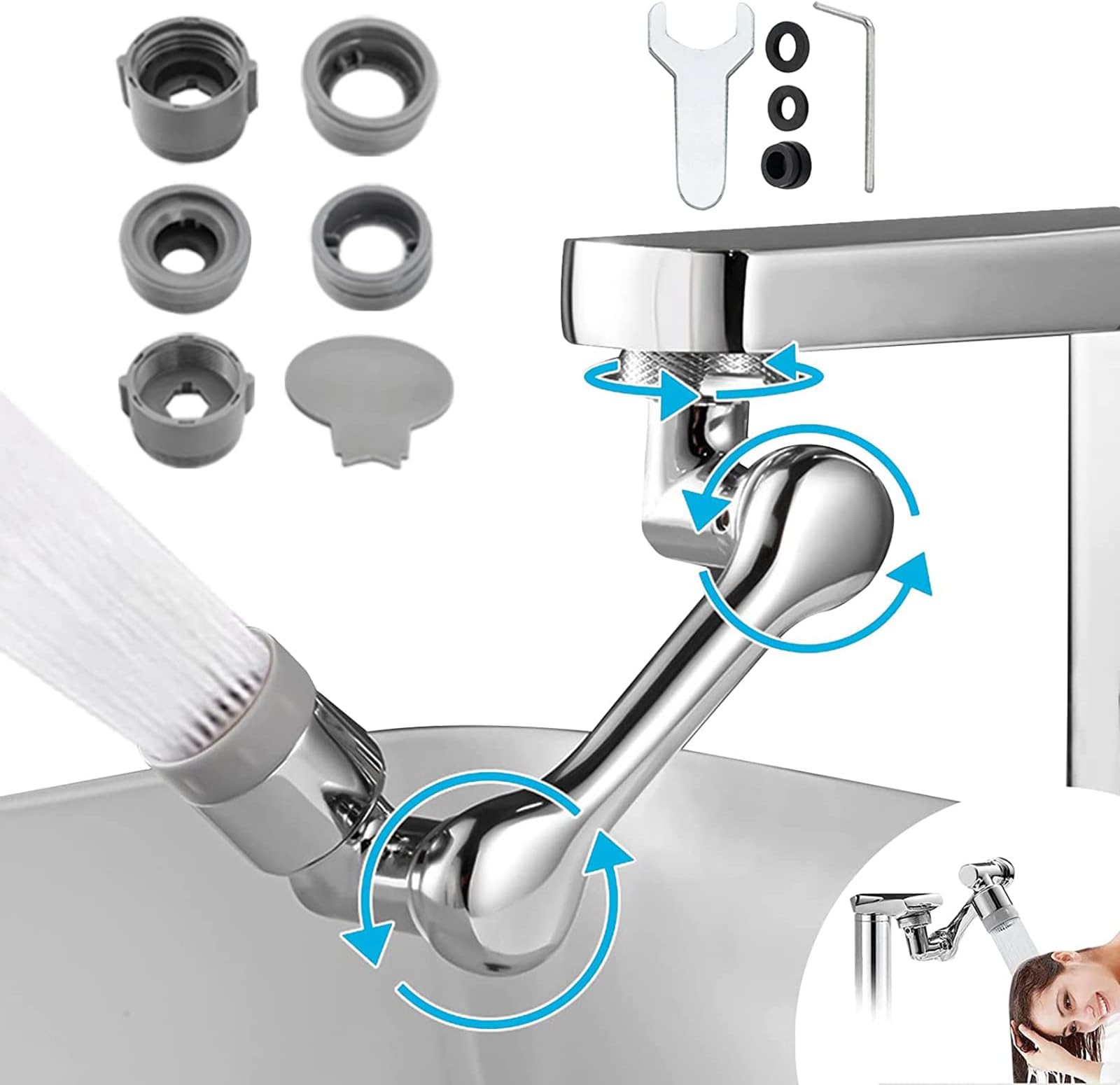 Universal Rotating Faucet Extender 1080° Large-Angle Rotating Robotic Arm Water Nozzle Faucet Adaptor, Faucet Silver A Attposn0987 Attposn0987