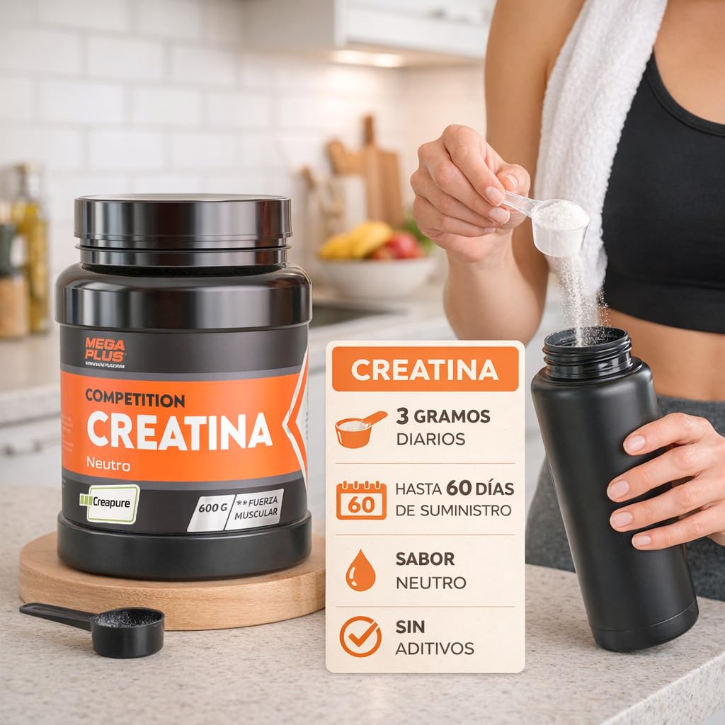 Creatina monohidratada - Competition - Mega Plus - Creapure - en polvo - Sabor neutro - batido proteinas - Sin aditivos - Vegana - Para mejorar el Rendimiento y la Potencia Muscular - 600gr (170006)