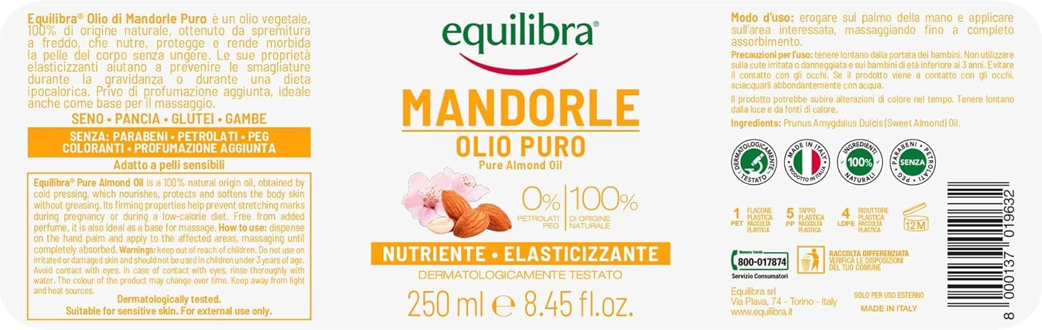 Equilibra, Olio di Mandorle Puro, Olio di Mandorle Dolci, Protettivo, Nutriente ed Elasticizzante, Aiuta a Prevenire le Smagliature in Gravidanza o Durante una Dieta Ipocalorica, 250 ml