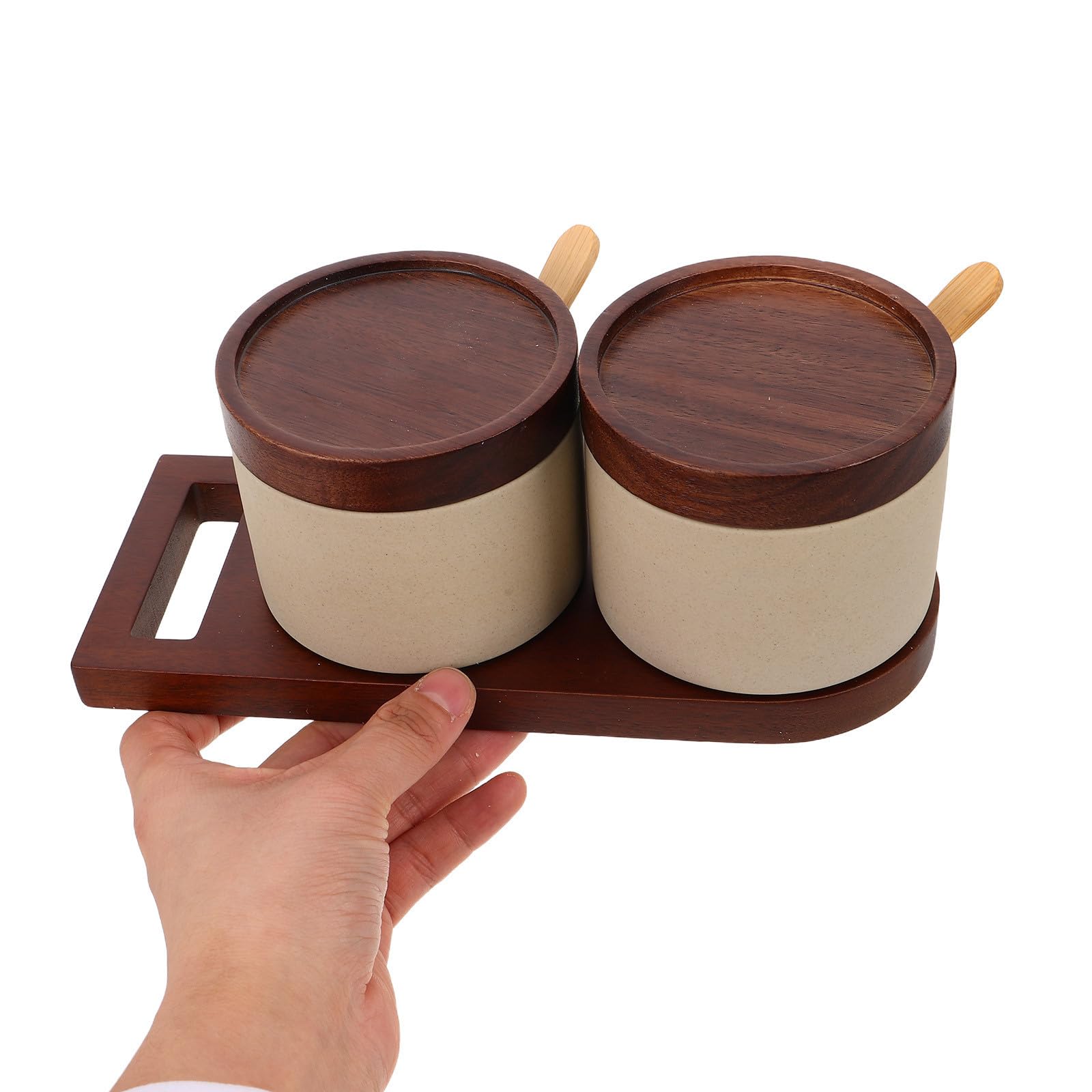 Artibetter Juego de Botes para Especias de Cerámica con Tapa de Madera y Cuchara, Adecuado para Cocina y Café, Diseño Minimalista y Funcional para Condimentar Fácilmente