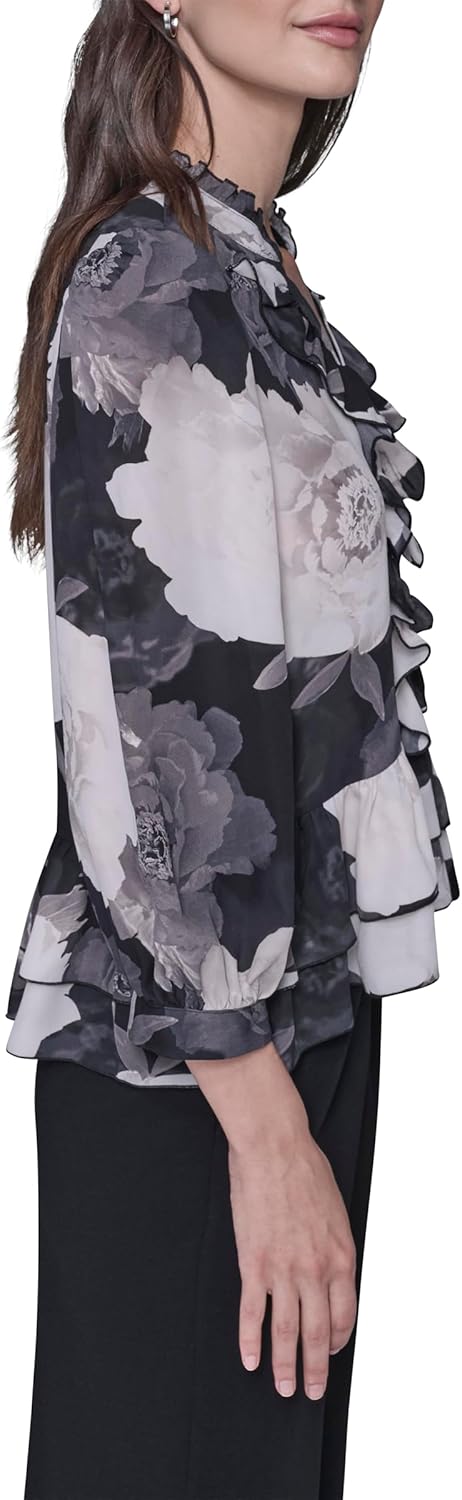 Karl Lagerfeld Womens Long Sleeve V-Neck Floral Printed Blouse - Image 3