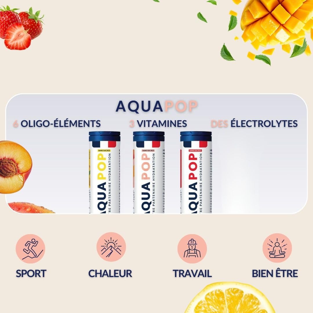 AQUAPOP - Pastilles électrolytes - Pack de 3 tubes - Sans Sucres - Favorise l'hydratation et l'énergie - 60 Comprimés Minéraux et Vitamines - Sport & Bien-être - Fruits Rouge, Citron, Pêche - 3-Pack