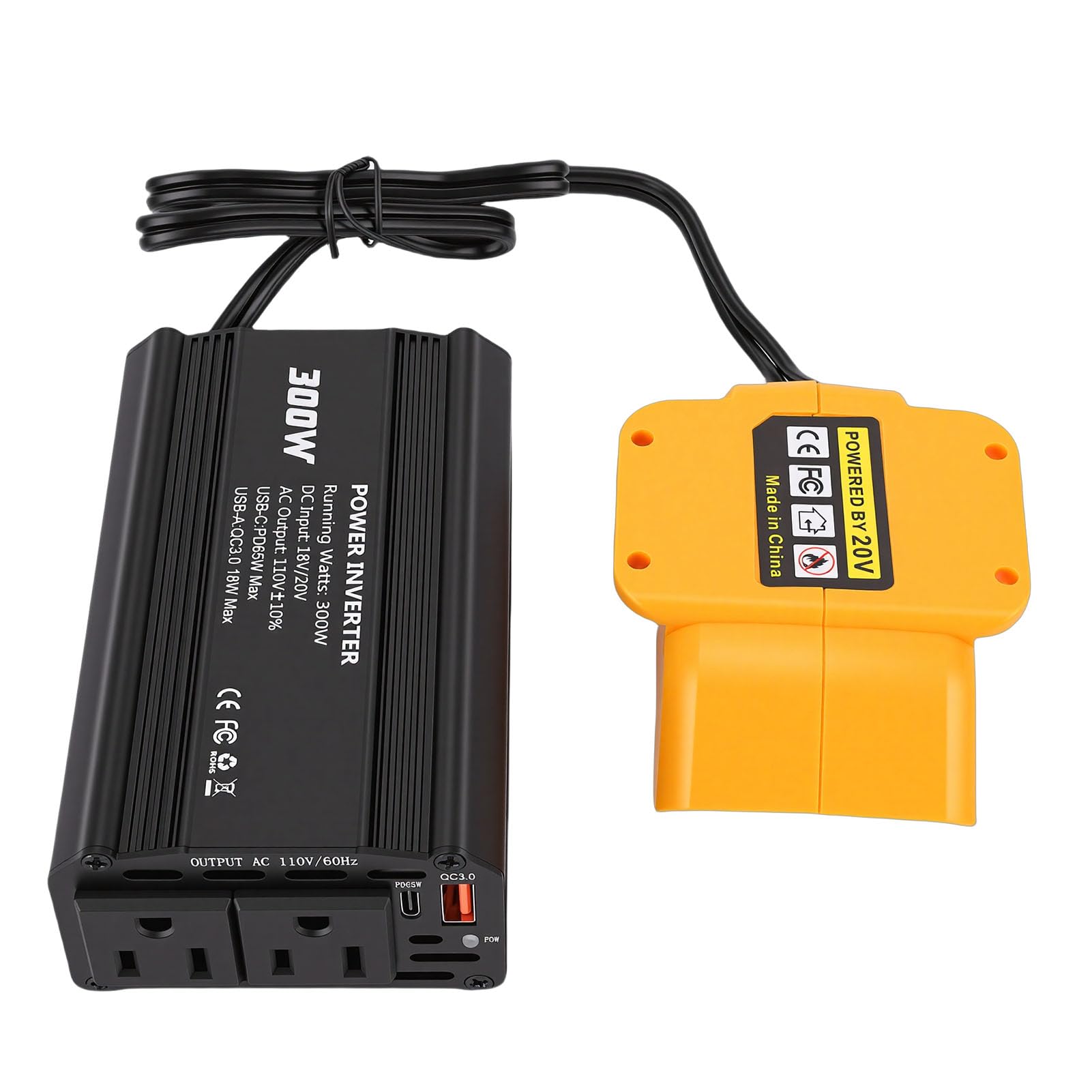 Falownik o Mocy 300 W, Konwerter 18 V na 110 V AC, Przenośny Zasilacz z 2 Gniazdami Prądu Przemiennego i Portem PD Typu C o Mocy 65 W, Idealny do Telefonów, Laptopów, Tabletów i Kempingów