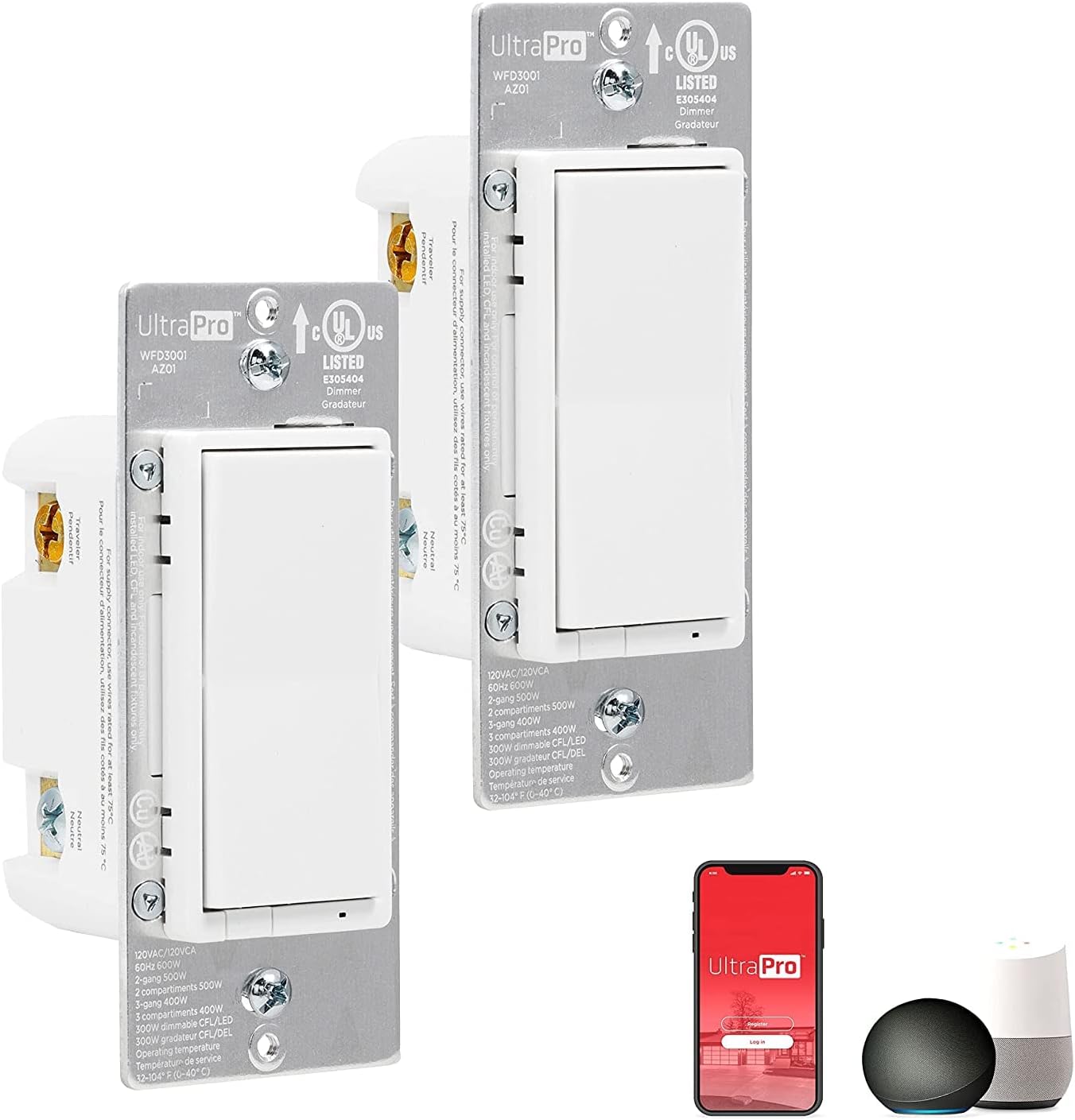 UltraPro Wi-Fi Smart Dimmer, 2.4GHz Wi-Fi, QuickFit & SimpleWire, 3 Way Dimmer, Works with Alexa, Google Assistant, SmartThings, No Hub Needed, UL Certified, Needs Neutral Wire, White, 2 Pack, 51413