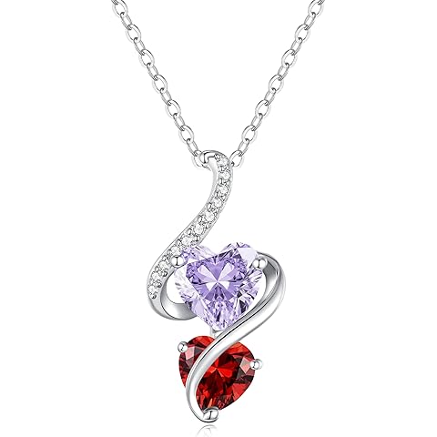 LOUISA SECRET Unique Double Heart Necklace Gifts for Wife Women, 925 Sterling Silver Tiny Birthstone Pendant Jewelry Gift for Her Girlfriend Mom Valentine's Day Anniversary Mother's Day Birthdays & Christmas